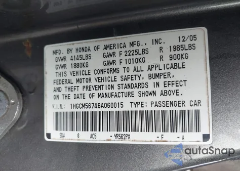 2006 Honda Accord 2.4 Ex из США, поврежденный, VIN 1HGCM56746A060015